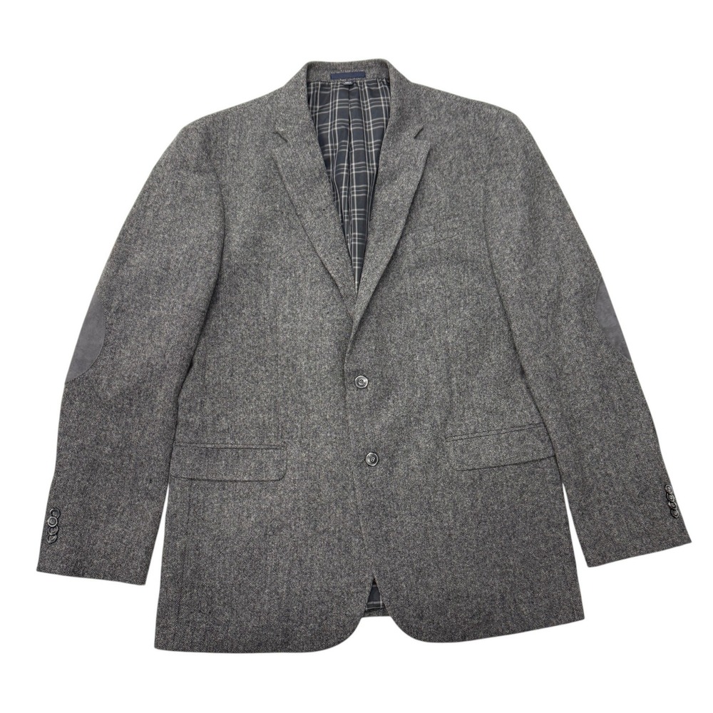 Jos A Bank 1905 Wool Tweed Blazer Mens 42L Gray Elbow Patch Tailored Fit Jacket